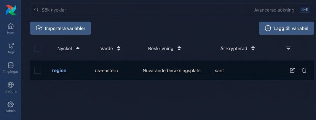 Airflow Variables-sida som visar en definierad variabel i listan