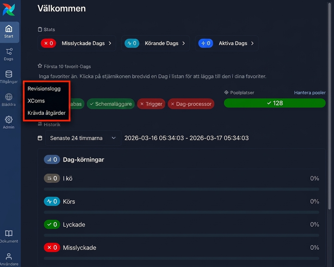 Airflows gränssnitt med Browse-menyn öppen och alternativet Audit log synligt