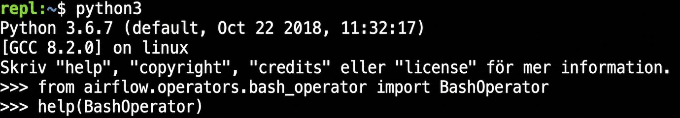Terminal som visar python3-hjälputdata för ett Airflow-objekt