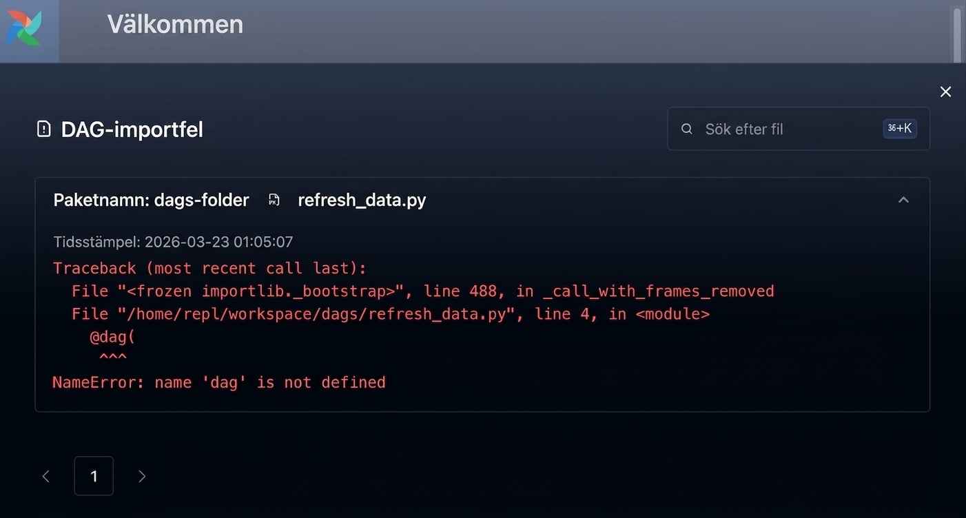 Detaljvy av importfel i Airflow med DAG:ens traceback-meddelande