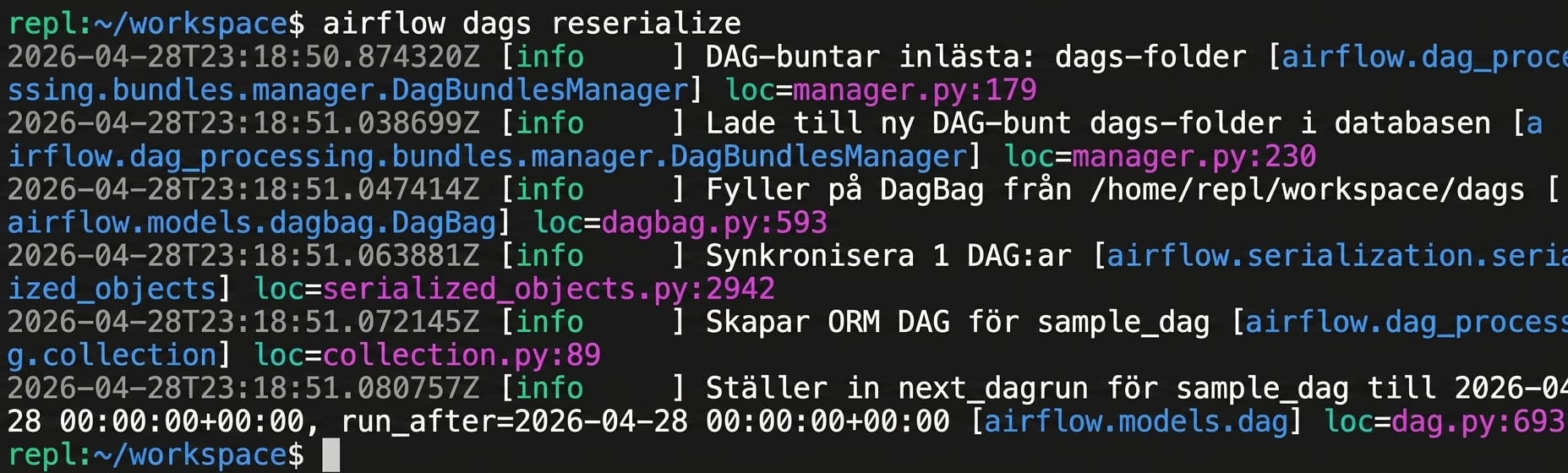 Terminal som kör airflow dags reserialize för att tvinga en DAG-uppdatering