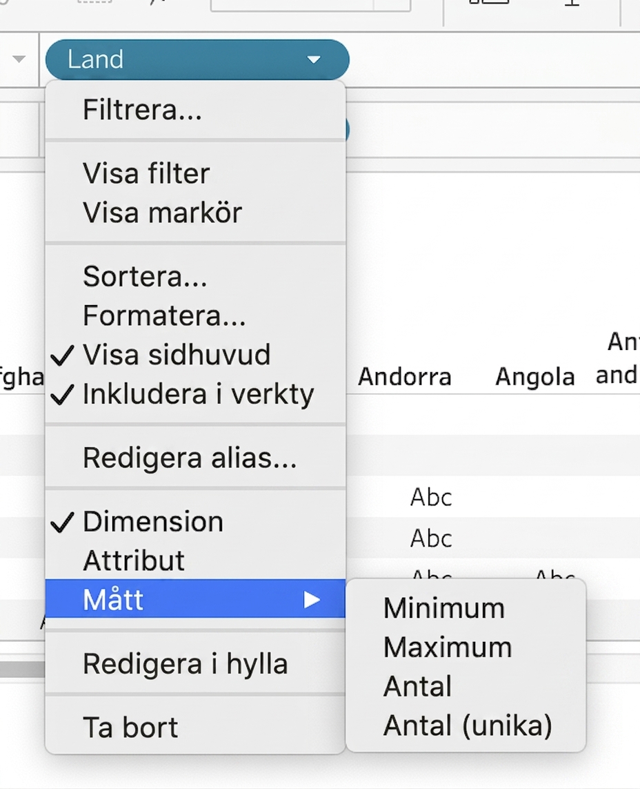 Tableau-rullgardinsmeny för aggregering av dimensioner