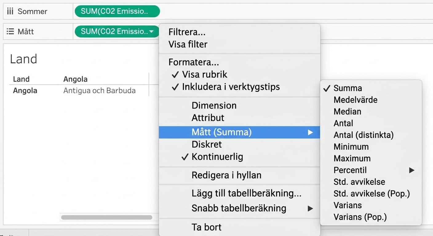 Tableau-rullgardinsmeny för aggregering av mått