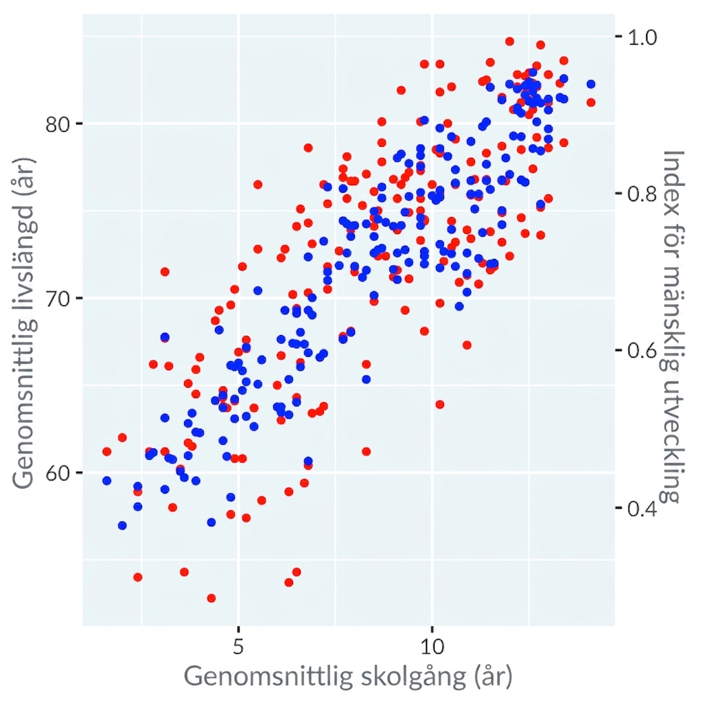Spridningsdiagram över utbildningslängd jämfört med dubbla axlar för livslängd och HDI som visar en falsk korrelation på grund av vilseledande axlar