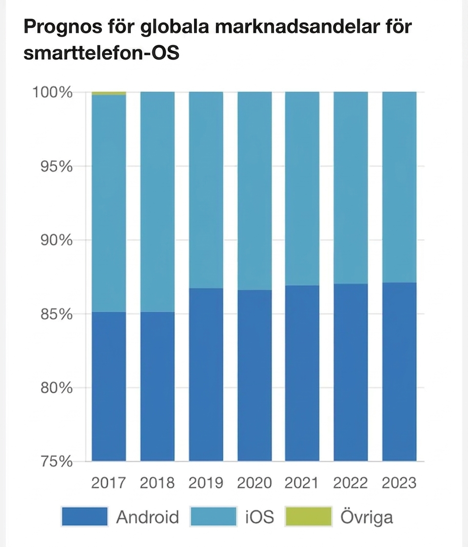 Ett staplat stapeldiagram från ett marknadsföringsföretag med prognoser för marknadsandelen per mobilt operativsystem. Y-axeln börjar vid 75 % i stället för noll.