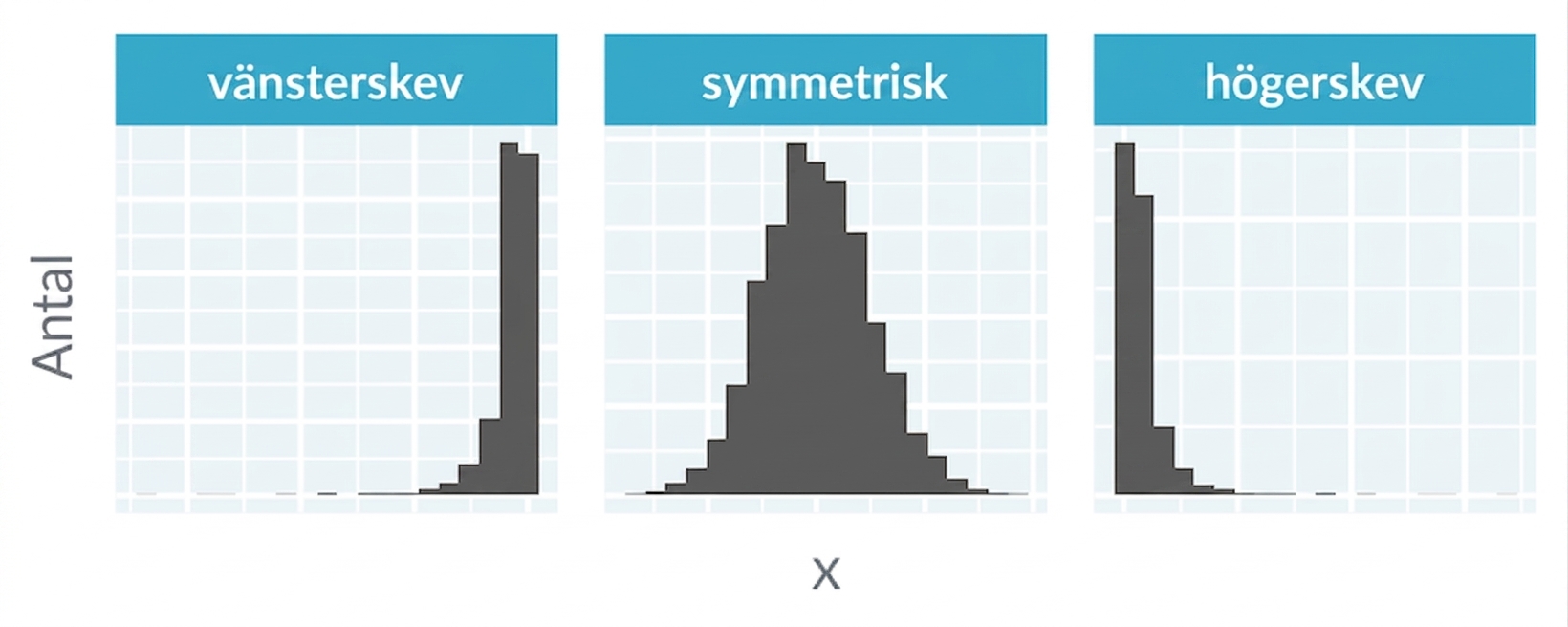 Histogram som visar vänsterskeva, symmetriska och högerskeva fördelningar.