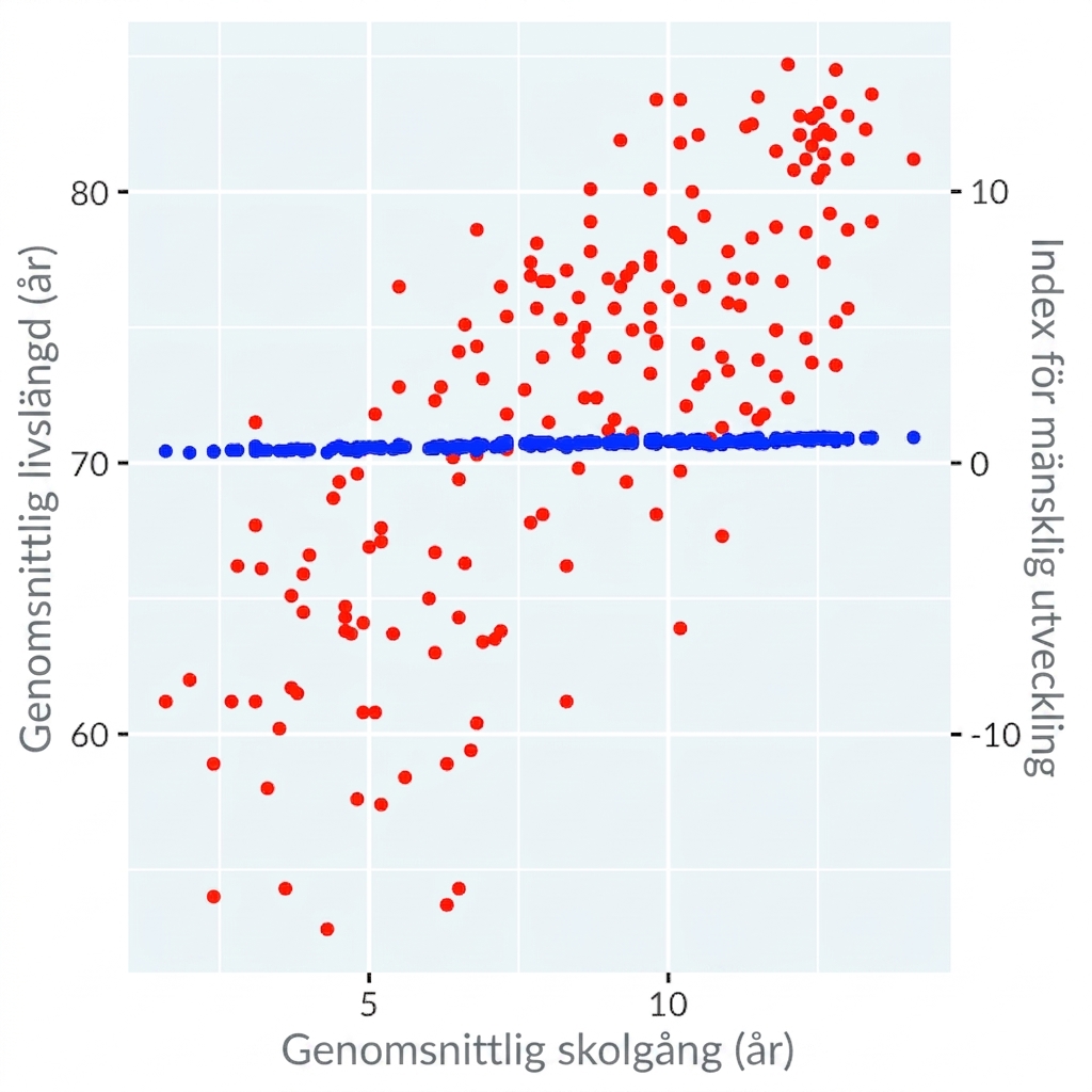 Spridningsdiagram över utbildningslängd jämfört med dubbla axlar för livslängd och HDI med justerade axlar som visar svag korrelation