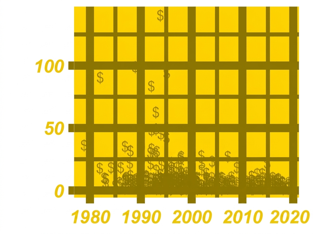 A scatter plot of critically acclaimed hip-hop songs over time, with added bling, such as a gold background and dollar signs instead of points.