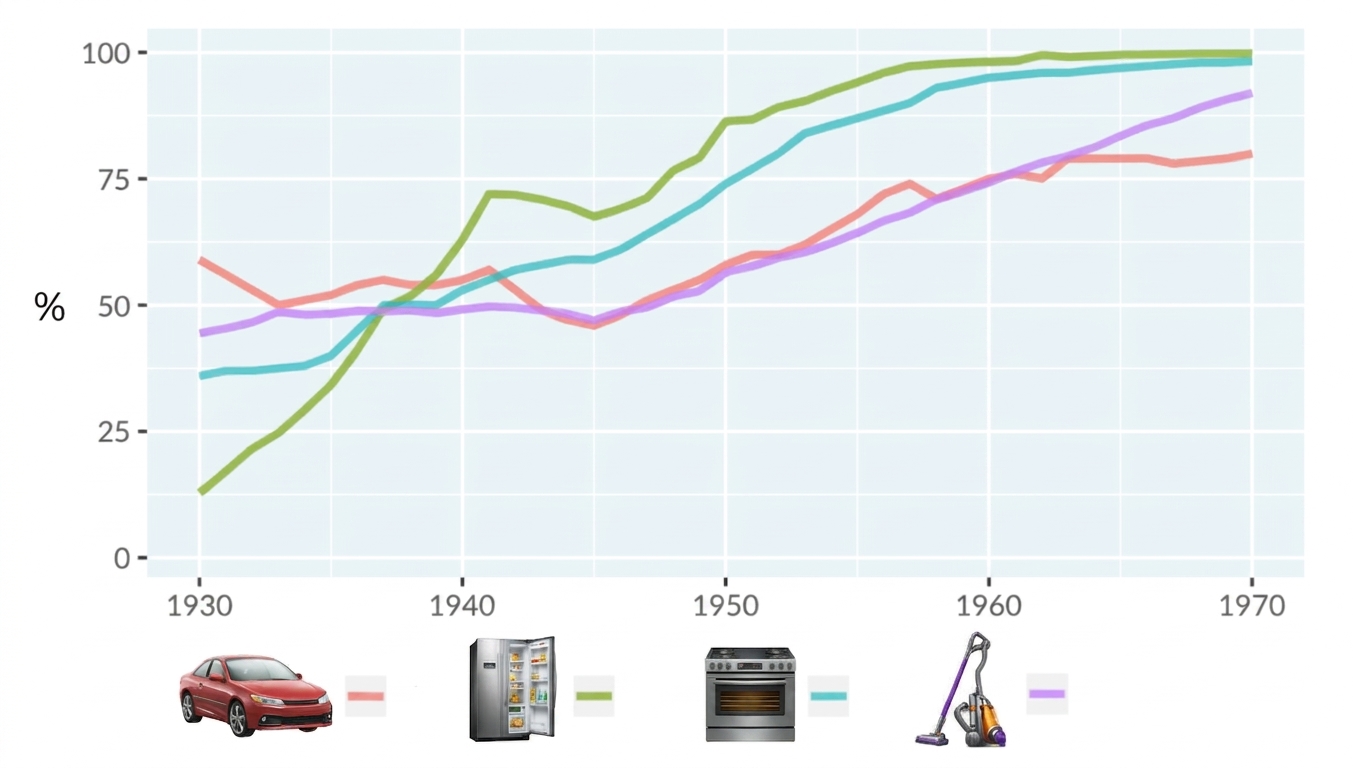 A line plot of technology adoption by households in the United States. The x-axis runs from 1930 to 1970, and the y-axis runs from 0 to 100 percent. There are four lines representing adoption of automobiles, refrigerators, stoves, and vacuums.