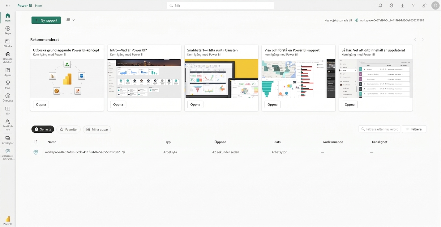 Startsida när en användare loggar in i Power BI Service