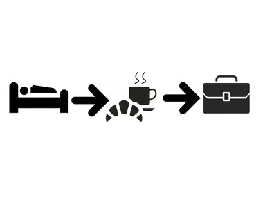 ikoner av en person i säng följt av en kaffeikon följt av en portföljikon