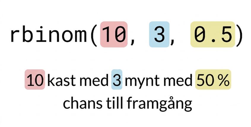 rbinom(10, 3, 0.5) med 10 i rött, 3 i blått, 0.5 i gult. Text: 10 (i rött) kast av 3 (i blått) mynt med 50% (i gult) chans till framgång
