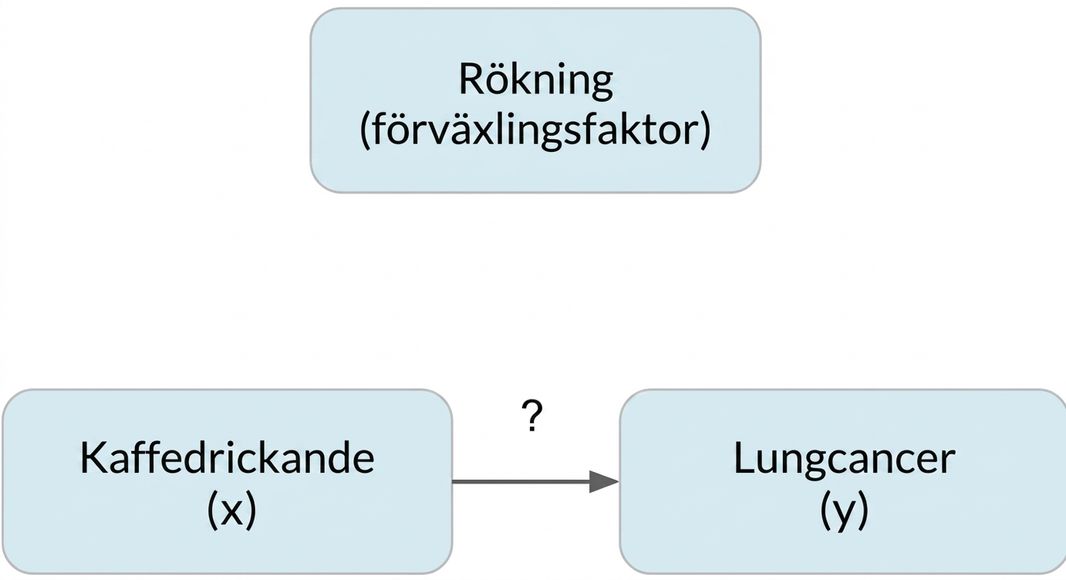 Kaffedrickande (x) med pil till lungcancer (y) och rökning (confounder) ovanför
