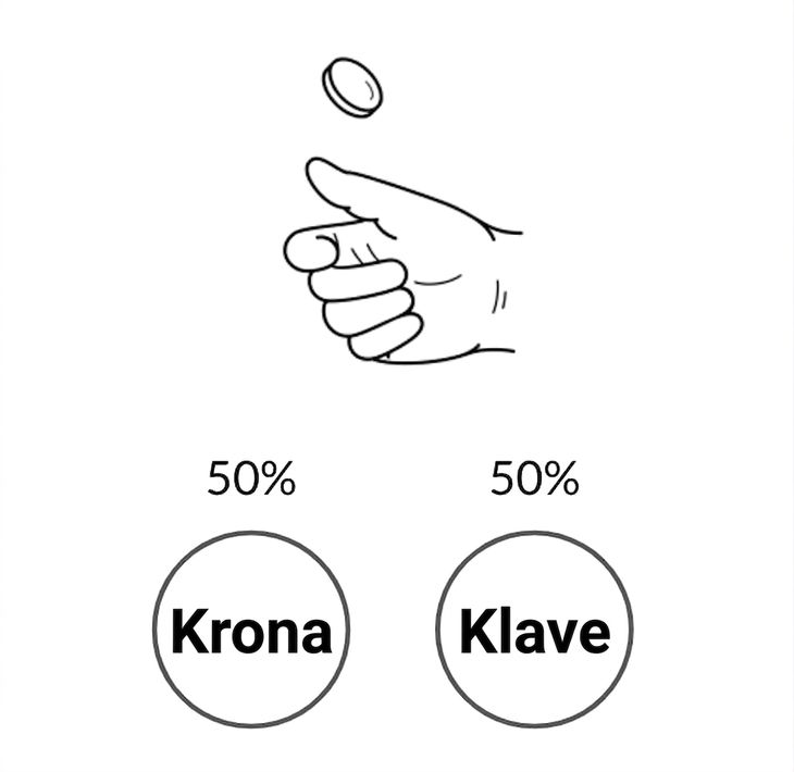 Hand som kastar slant med 50% chans för krona och 50% chans för klave