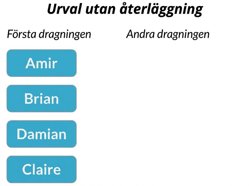 Två kolumner: kolumnen Första dragning innehåller Amir, Brian, Claire, Damian. Kolumnen Andra dragning är tom