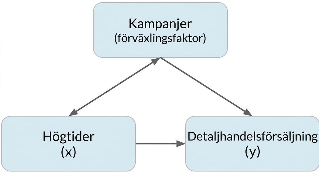 Helgdagar (x) pekar på detaljhandelsförsäljning (y). Specialerbjudanden (confounder) har dubbelriktad pil till helgdagar och enkelriktad pil till detaljhandelsförsäljning.