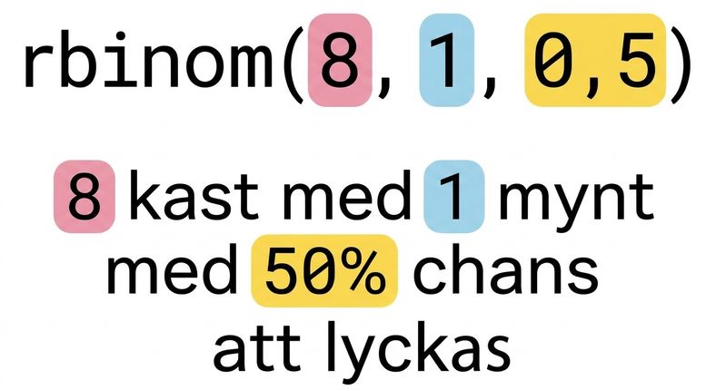 rbinom(8, 1, 0.5) med 8 i rött, 1 i blått, 0.5 i gult. Text: 8 (i rött) kast av 1 (i blått) mynt med 50% (i gult) chans till framgång