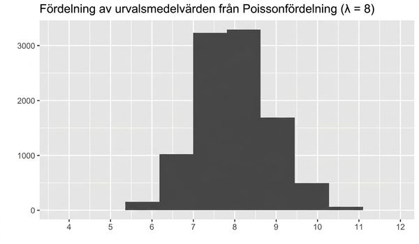Fördelning av sampelmedelvärden från Poissonfördelning med lambda = 8. Liknar normalfördelningen