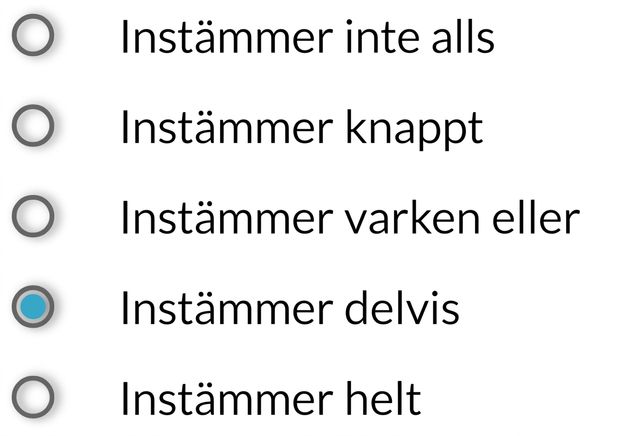 Tar helt avstånd/Tar delvis avstånd/Varken eller/Håller delvis med/Håller helt med
