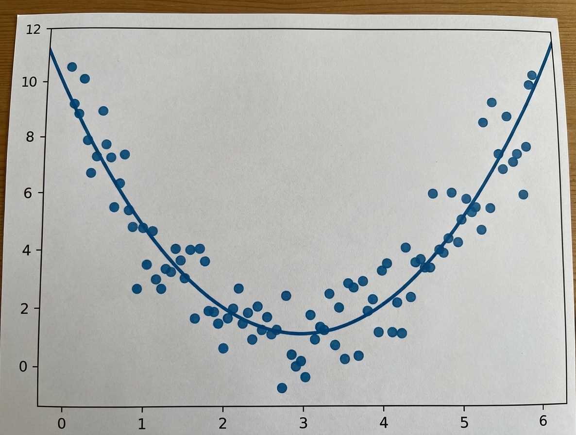 spridningsdiagram över variabler med ett kvadratiskt samband och kvadratisk trendlinje