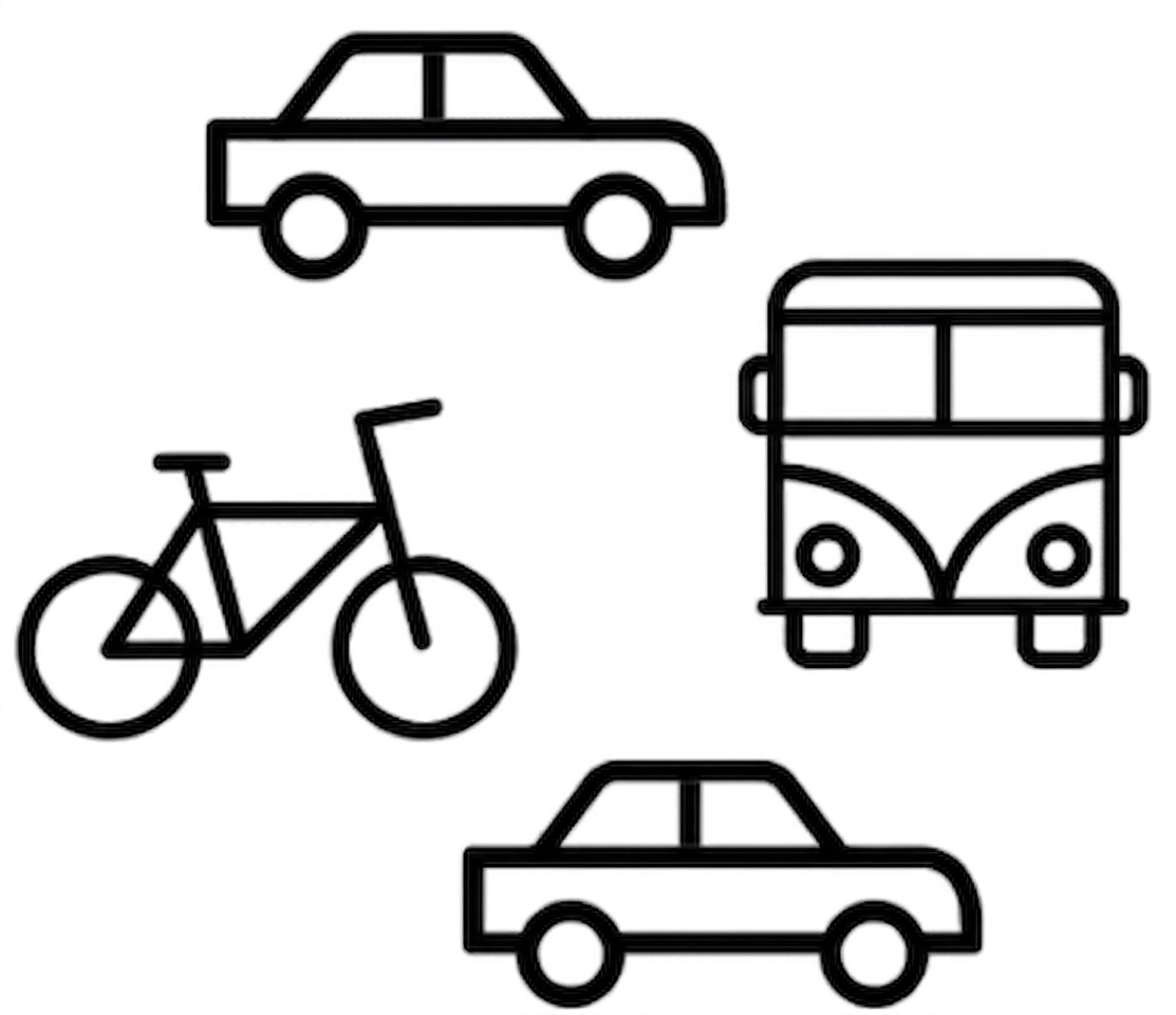 2 bilar, 1 buss, 1 cykel