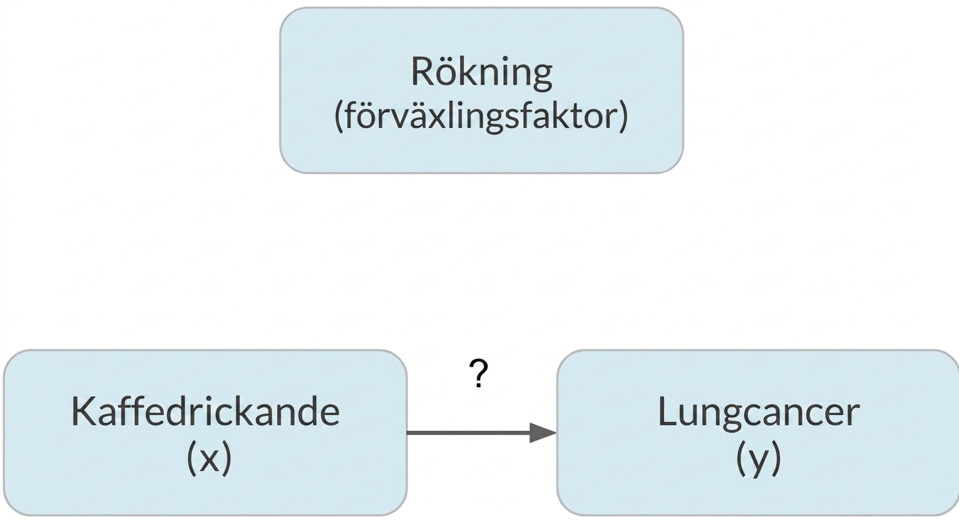 Kaffedrickande (x) pekar mot lungcancer (y) med rökning (confounder) ovanför