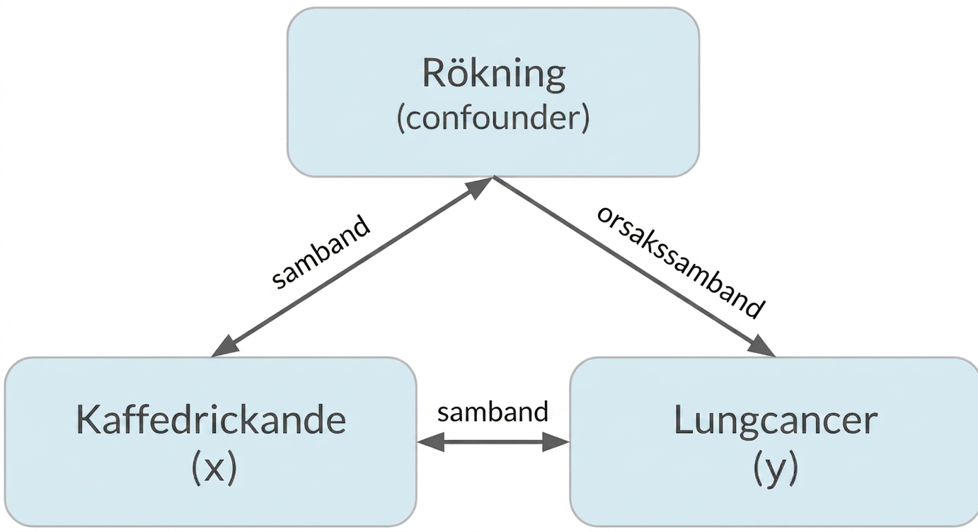 Kaffedrickande (x) med dubbelpil till lungcancer (y) märkt "association". Dubbelpil mellan rökning och kaffedrickande, märkt "association". Pil från rökning till lungcancer märkt "causation".