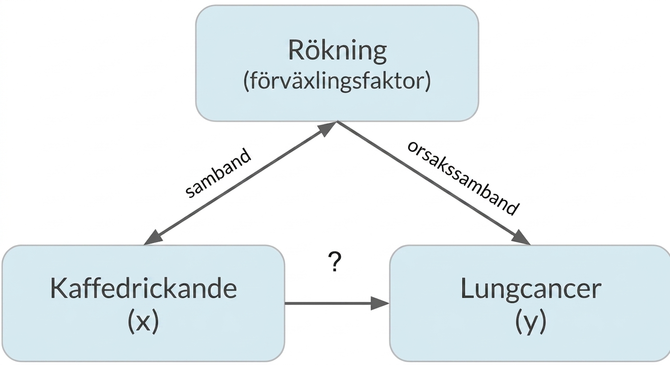 Kaffedrickande (x) pekar mot lungcancer (y) med rökning (confounder). Dubbelpil mellan rökning och kaffedrickande, märkt "association". Pil från rökning till lungcancer märkt "causation"