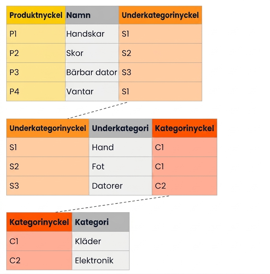 Exempeltabeller för produkthierarki i ett snöflingaschema
