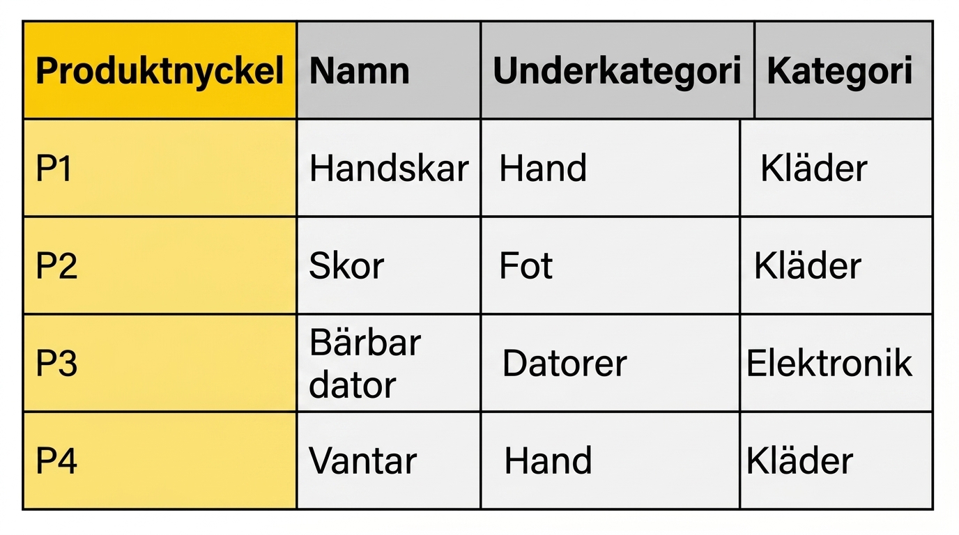 Exempeltabell för produkthierarki i ett stjärnschema