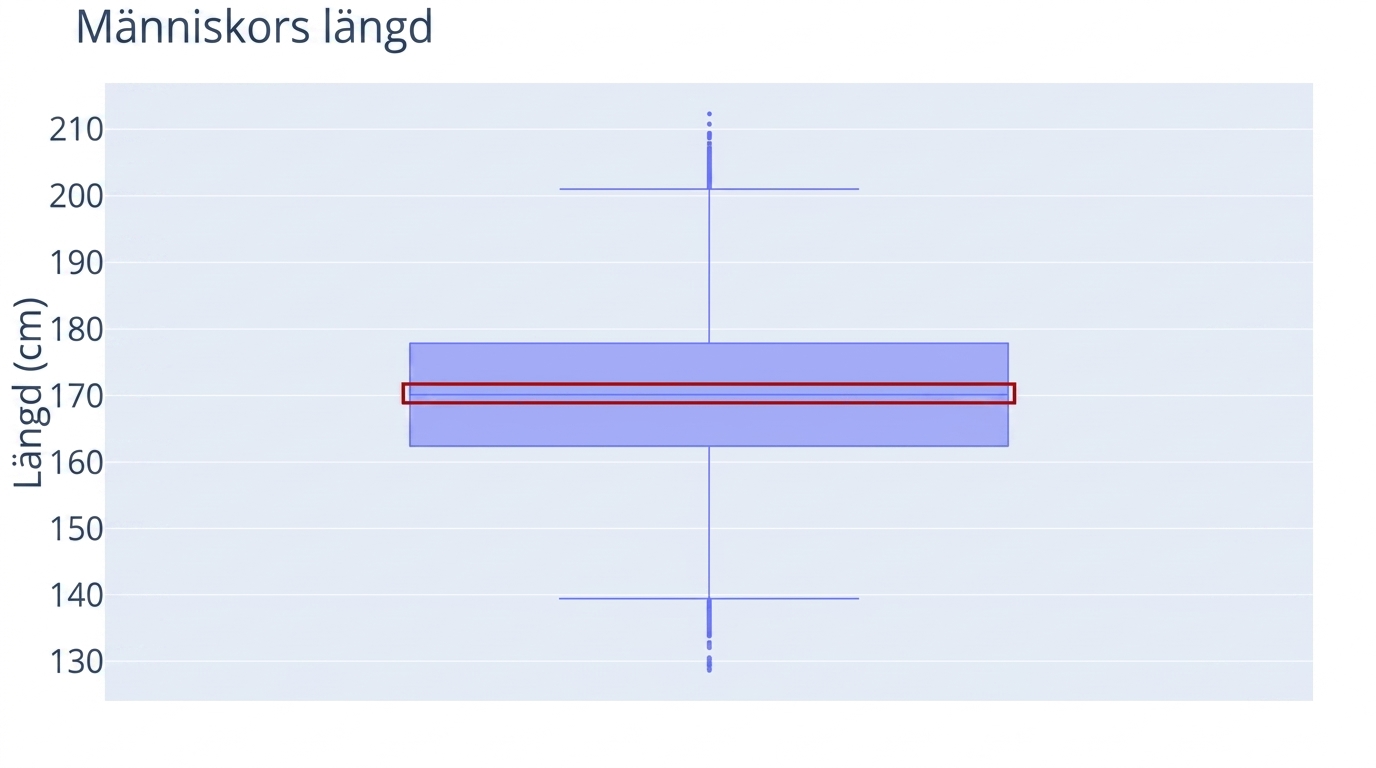 Ett lådagram över personers längd. Längd i centimeter visas på y-axeln. En röd markering omger linjen i mitten av lådagrammet, det vill säga medianen.