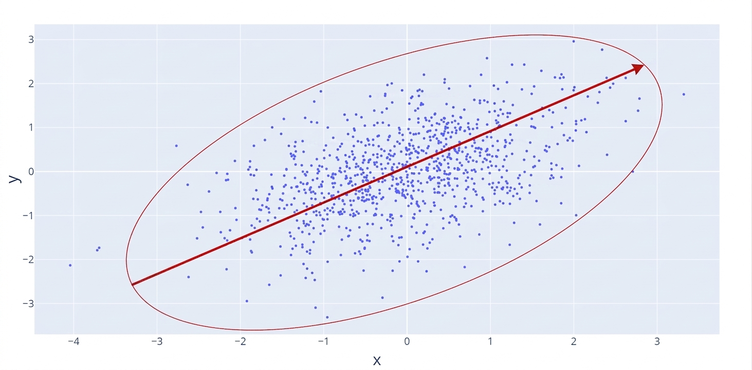 Ett spridningsdiagram med en röd linje som visar ett positivt, stigande samband. En röd cirkel markerar datapunkterna och visar att de är mer spridda och därmed bildar ett svagt samband.