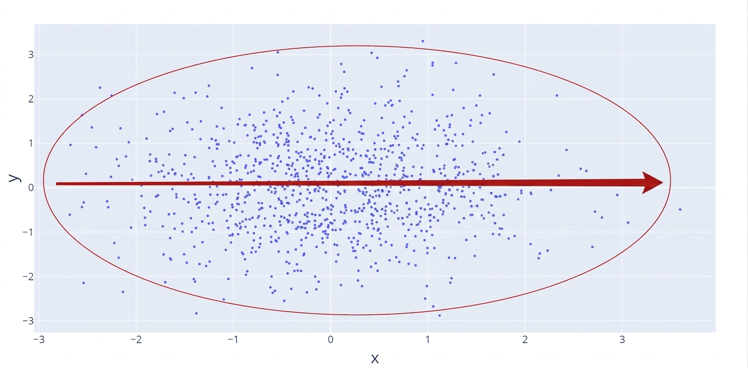 Ett spridningsdiagram med en röd linje som visar ett plant, eller obefintligt, samband. En röd cirkel markerar datapunkterna och visar att de är mer spridda och därmed bildar ett svagt samband.