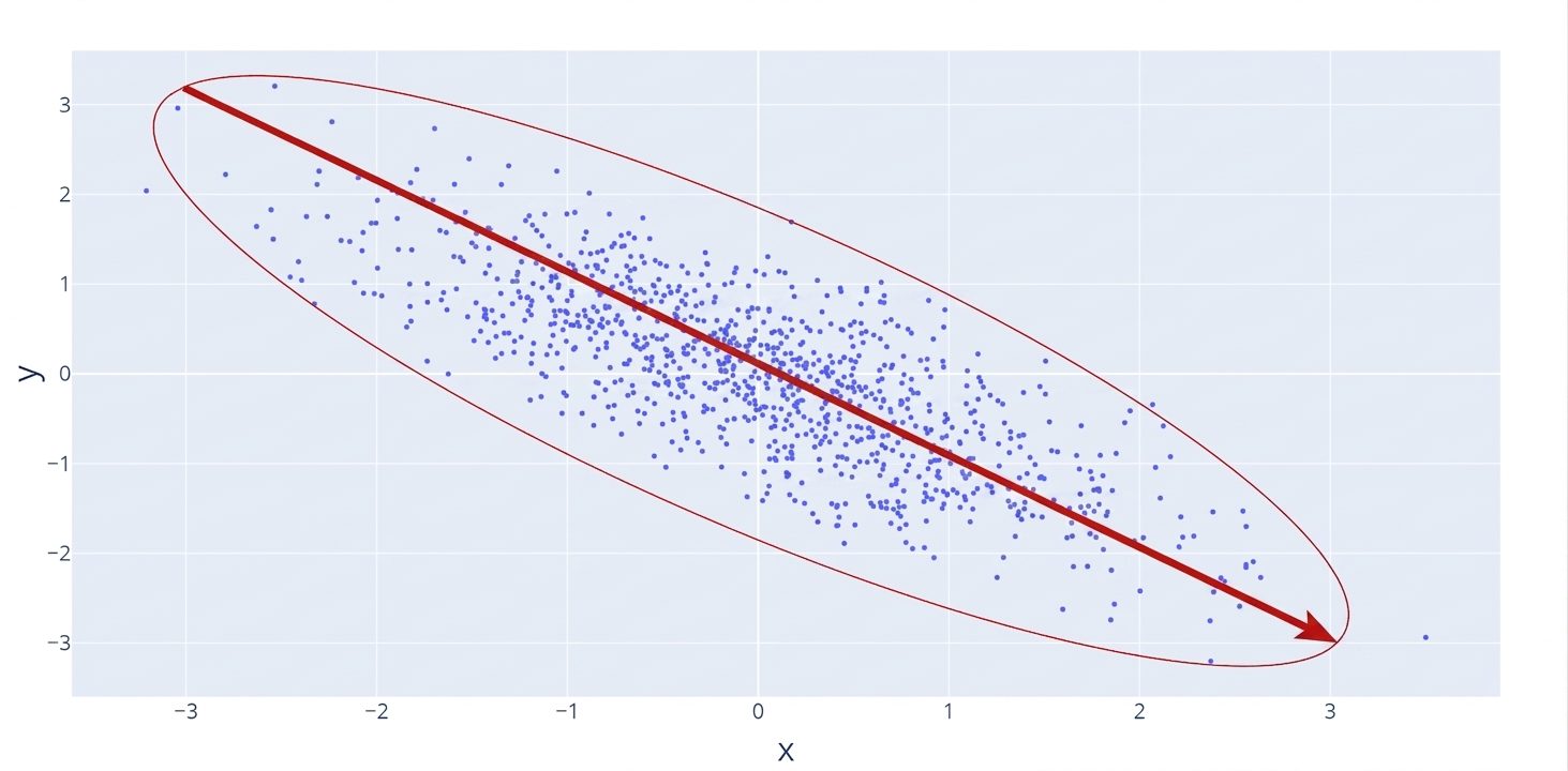 Ett spridningsdiagram med en röd linje som visar ett negativt, sjunkande samband. En röd cirkel markerar datapunkterna och visar att de är tätt samlade.