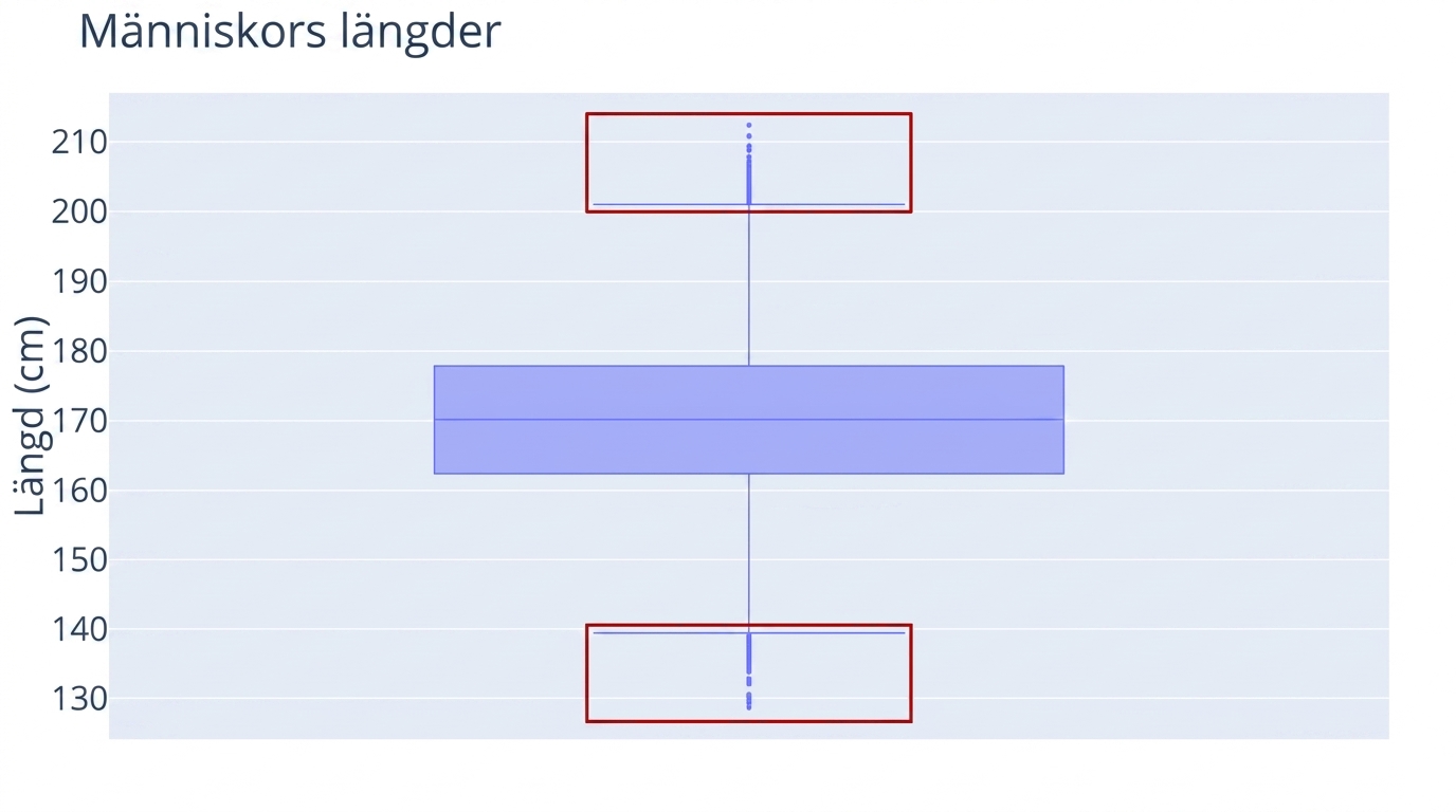 Ett lådagram över personers längd. Längd i centimeter visas på y-axeln. En röd markering omger avvikarna, det vill säga punkterna, i lådagrammet.