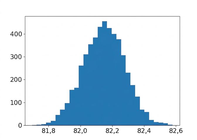 Ett histogram över den ungefärliga samplingfördelningen av medelvärdet för cup points med urvalsstorlek 320.