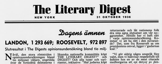 En framsida av Literary Digest från 1936 med rubriken om valförutsägelser. Landon förväntades få 1,3 miljoner röster och Roosevelt knappt 1 miljon.