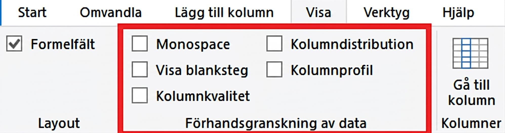 En skärmbild av Power Query med fliken Visa markerad och förhandsgranskningsfunktionerna framhävda