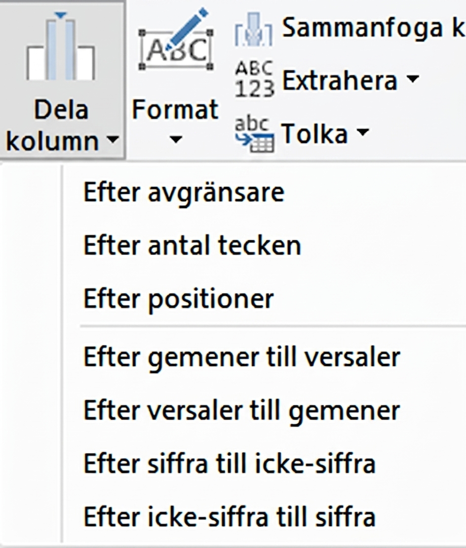 En skärmbild av Power Query som visar transformeringen Dela upp kolumn och dess alternativ