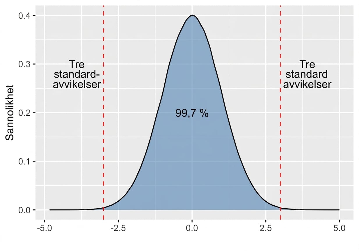 Normalfördelning med area mellan plus minus tre standardavvikelser markerad som 99,7 procent.png