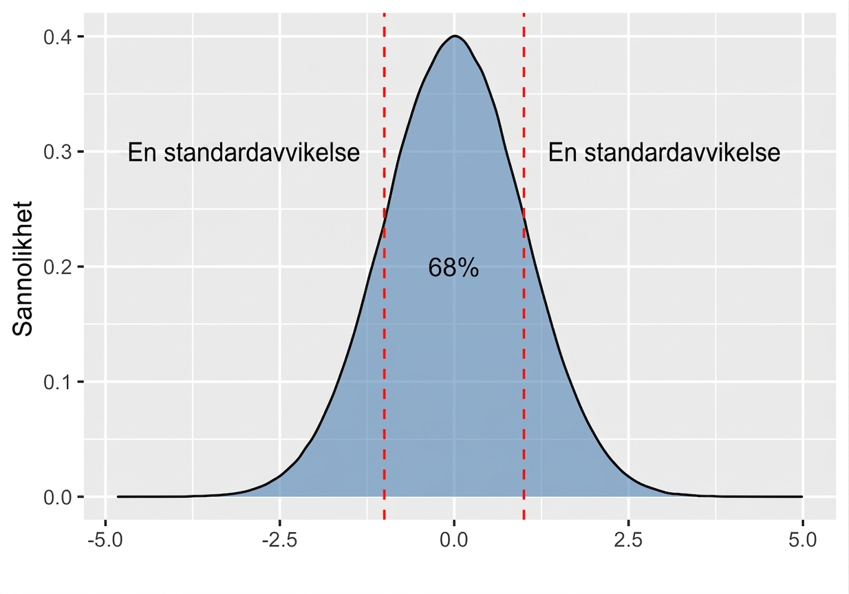 Normalfördelning med area mellan plus minus en standardavvikelse markerad som 68 procent.png