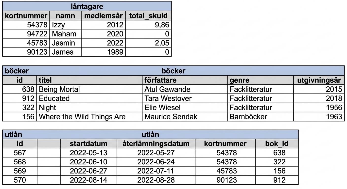 tre tabeller i en databas med exempeldata