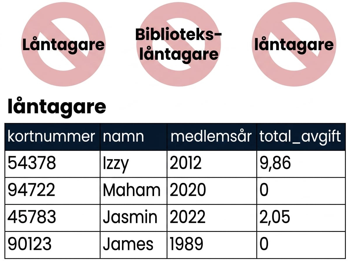 tabellen patrons med felaktiga tabellnamn överkorsade i rött