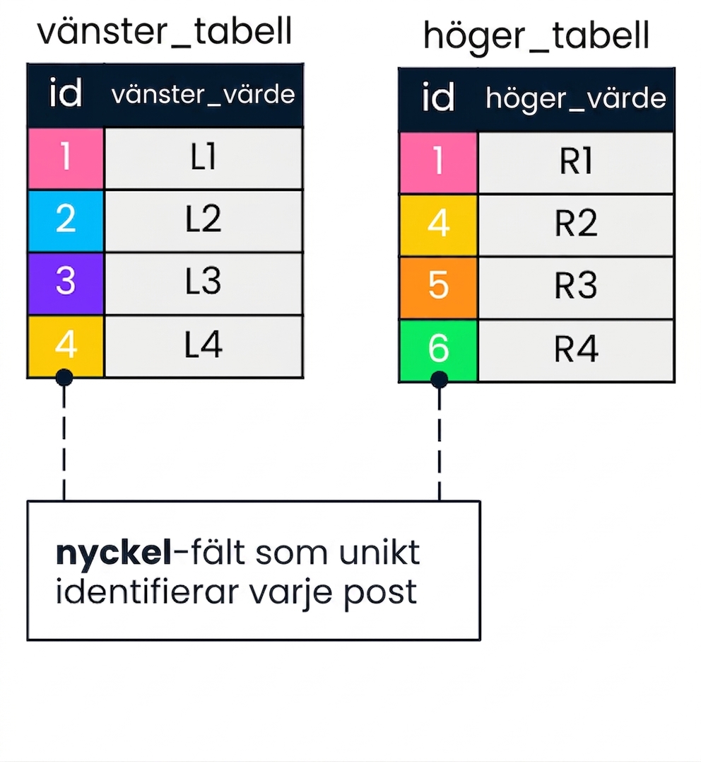 Ett diagram med två tabeller: vänster tabell och höger tabell. Matchande id-värden i vänster och höger tabell visas i samma färger.