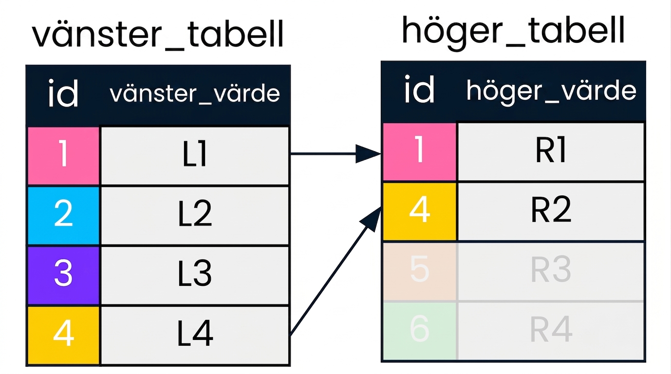 Ett diagram som visar två tabeller, left table och right table, med pilar som pekar på de poster som matchar på id-kolumnen i båda tabellerna. Poster som inte är relevanta för left join är gråtonade.