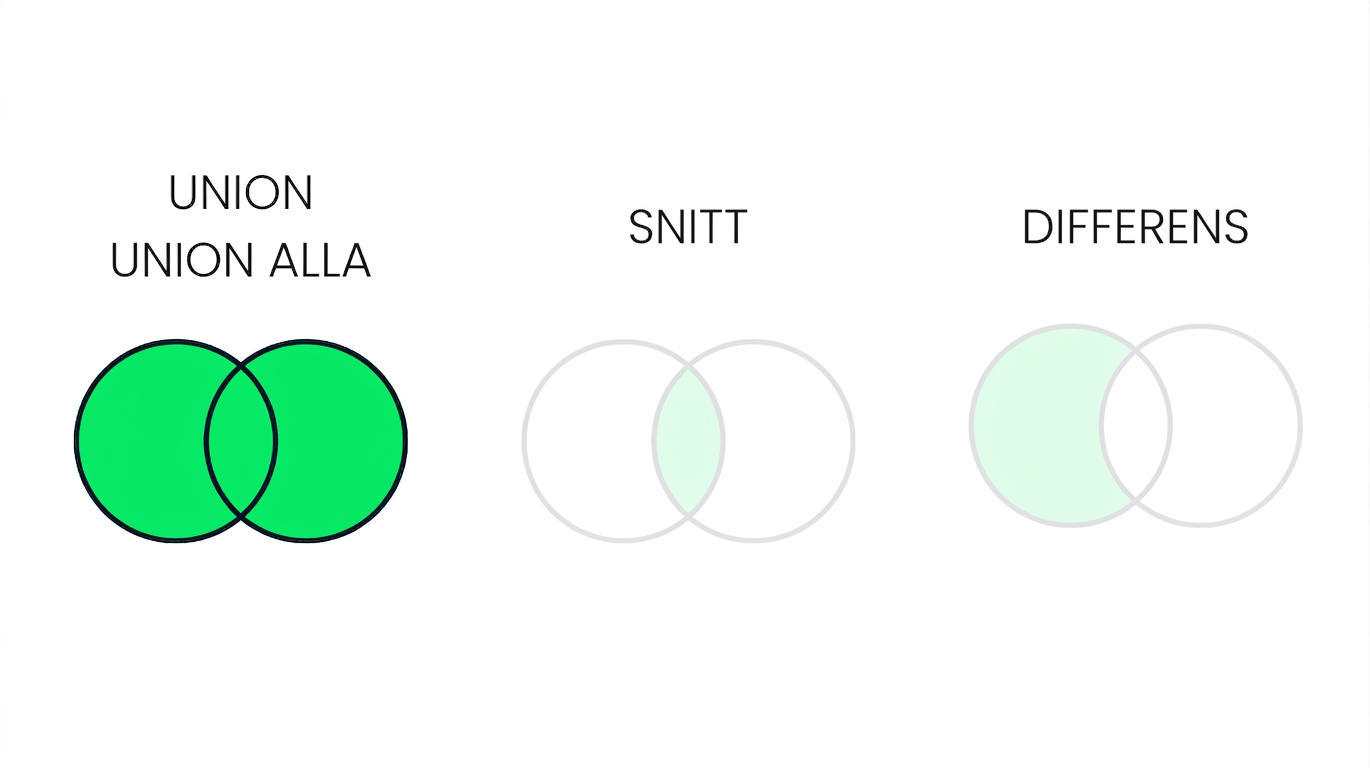 En bild med tre Venn-diagram där två är tonade. Endast UNION-diagrammet är i fokus. UNION-diagrammet har två överlappande cirklar, helt ifyllda i grönt.