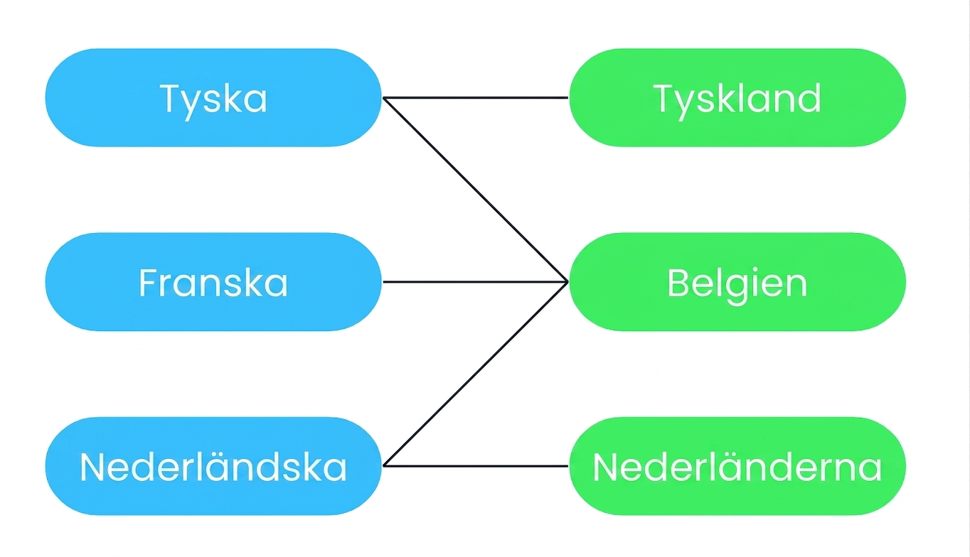 Ett diagram som visar att många språk kan kopplas till många länder, och många länder kan kopplas till ett språk. Belgien har tre officiella språk: franska, tyska och nederländska. Omvänt kan språk vara officiella i flera länder: nederländska är ett officiellt språk i både Nederländerna och Belgien, men inte i Tyskland.