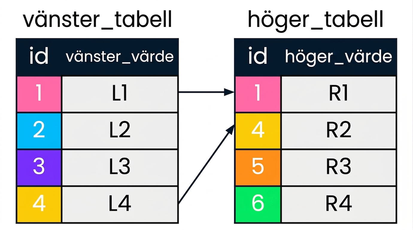 Ett diagram med två tabeller: left_table och right_table. Matchande id-värden i vänster och höger tabell visas i samma färger och är förbundna med pilar.
