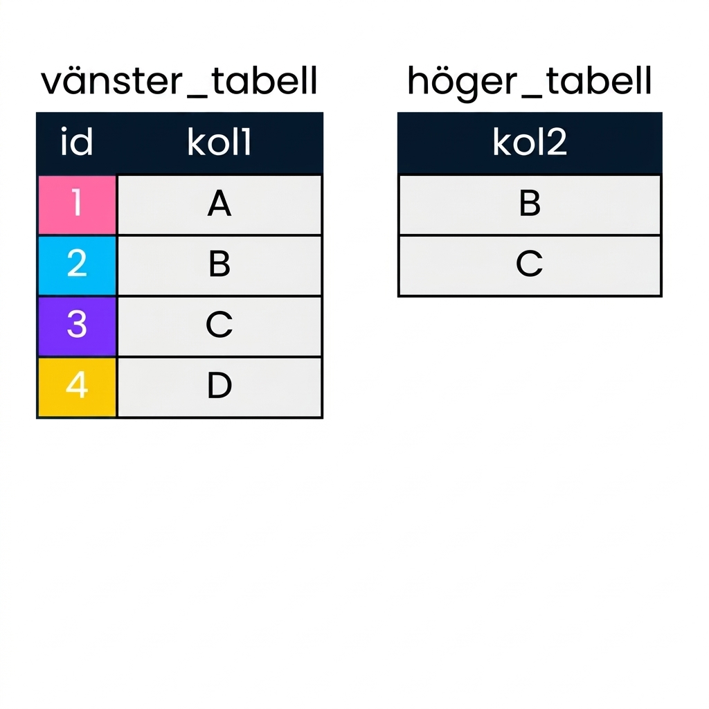 Ett diagram som visar två tabeller, left_table och right_table, som används för att demonstrera en semi join. left_table innehåller två kolumner, id och col1. right_table innehåller bara en kolumn, col2.