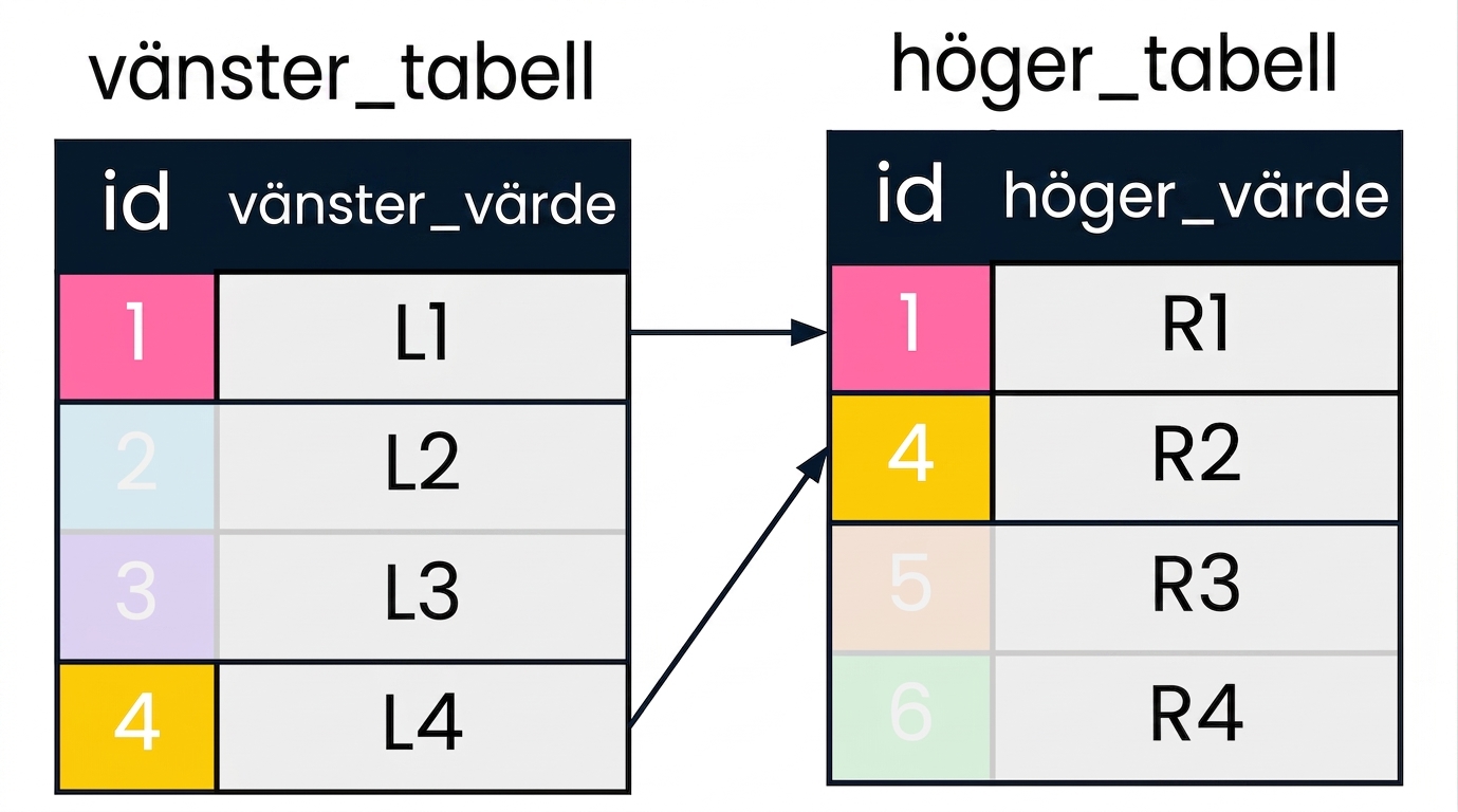 Ett diagram med två tabeller: left_table och right_table. Matchande id-värden i vänster och höger tabell visas i samma färger och är förbundna med pilar. Poster som inte ingår i INNER JOIN har tonats ned.